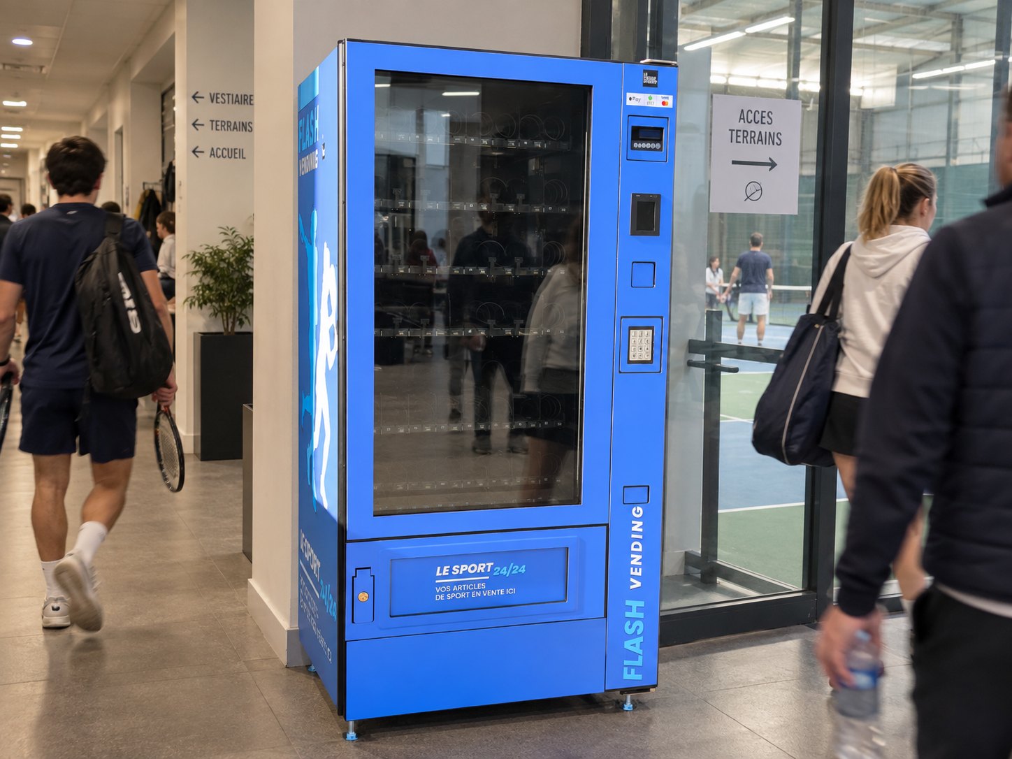 Distributeur Flash installé dans le couloir d'un club, à l'entrée des terrains