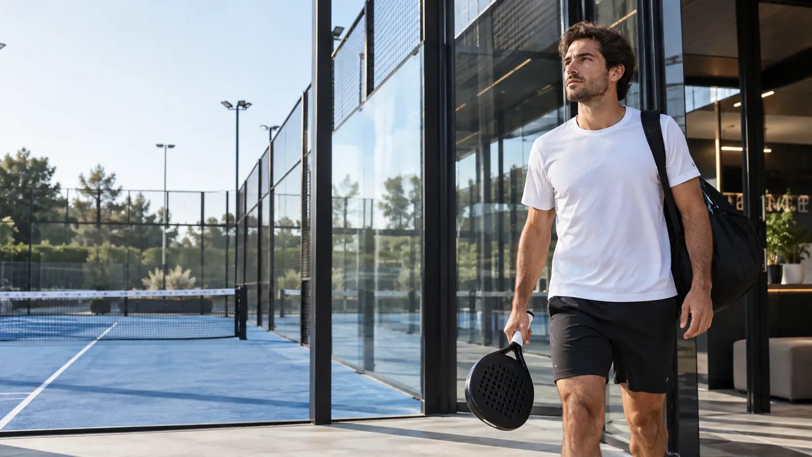 Joueur de padel quittant le terrain, raquette à la main