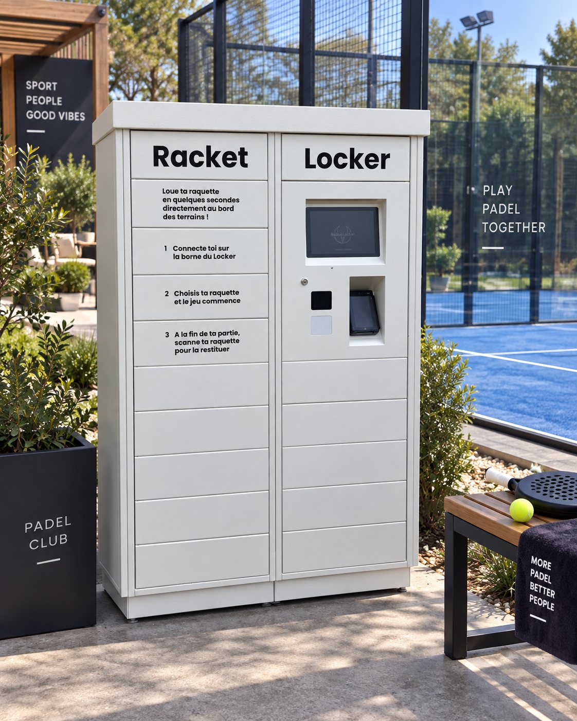 Racket Locker RL16 installé au bord d'un terrain de padel extérieur