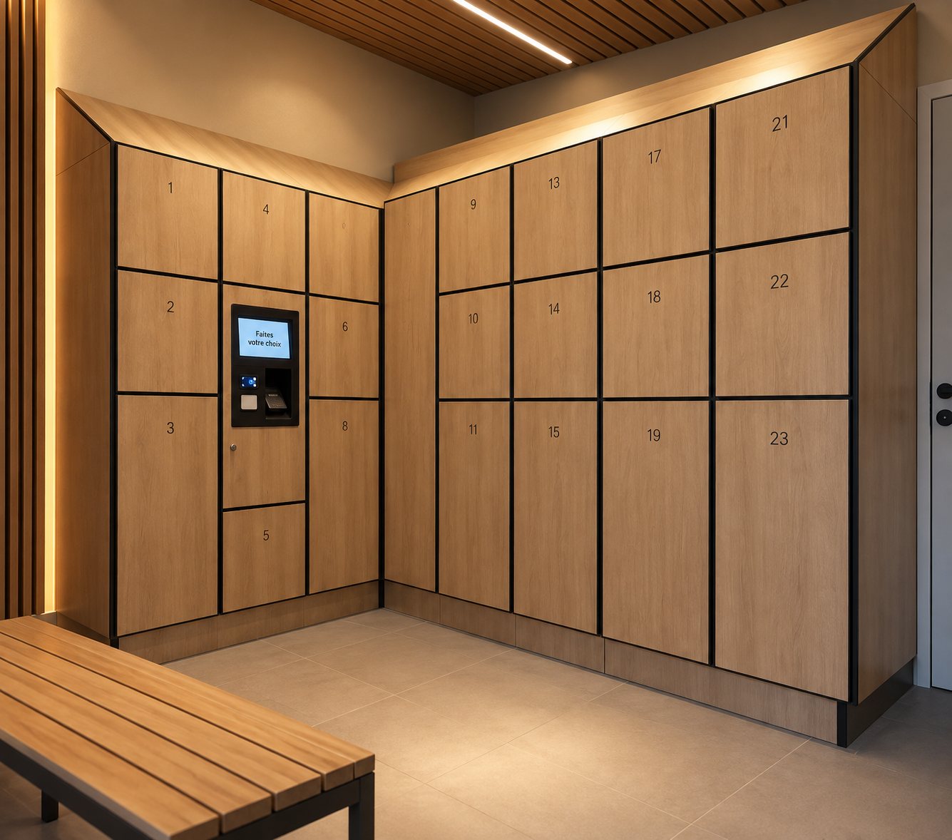 Vestiaire connecté installé dans le vestiaire d'un club, casiers en HPL bois et borne tactile